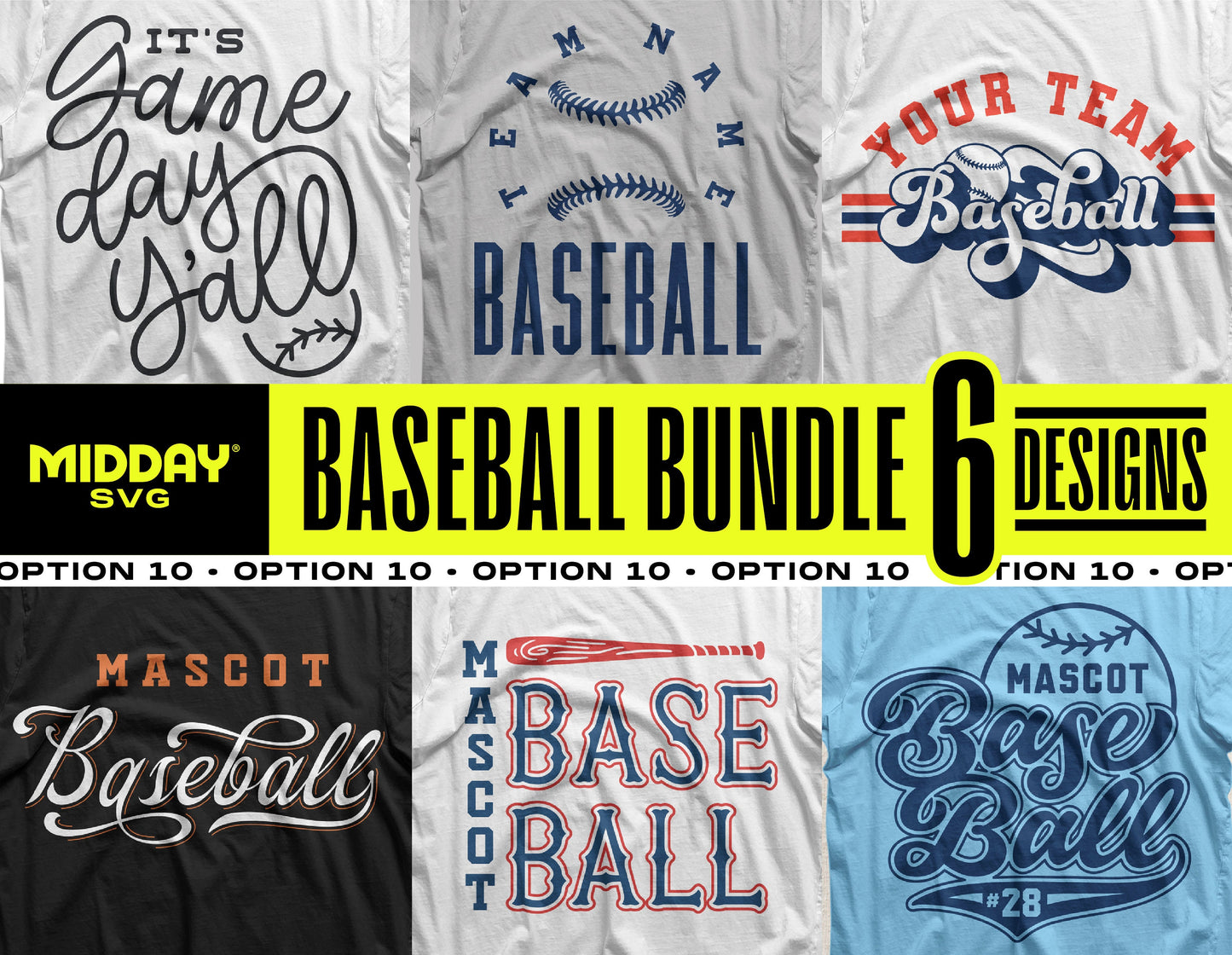 Bold Baseball Template SVG Bundle V10 with six striking baseball-themed designs for DIY crafts, apparel, and decorations.