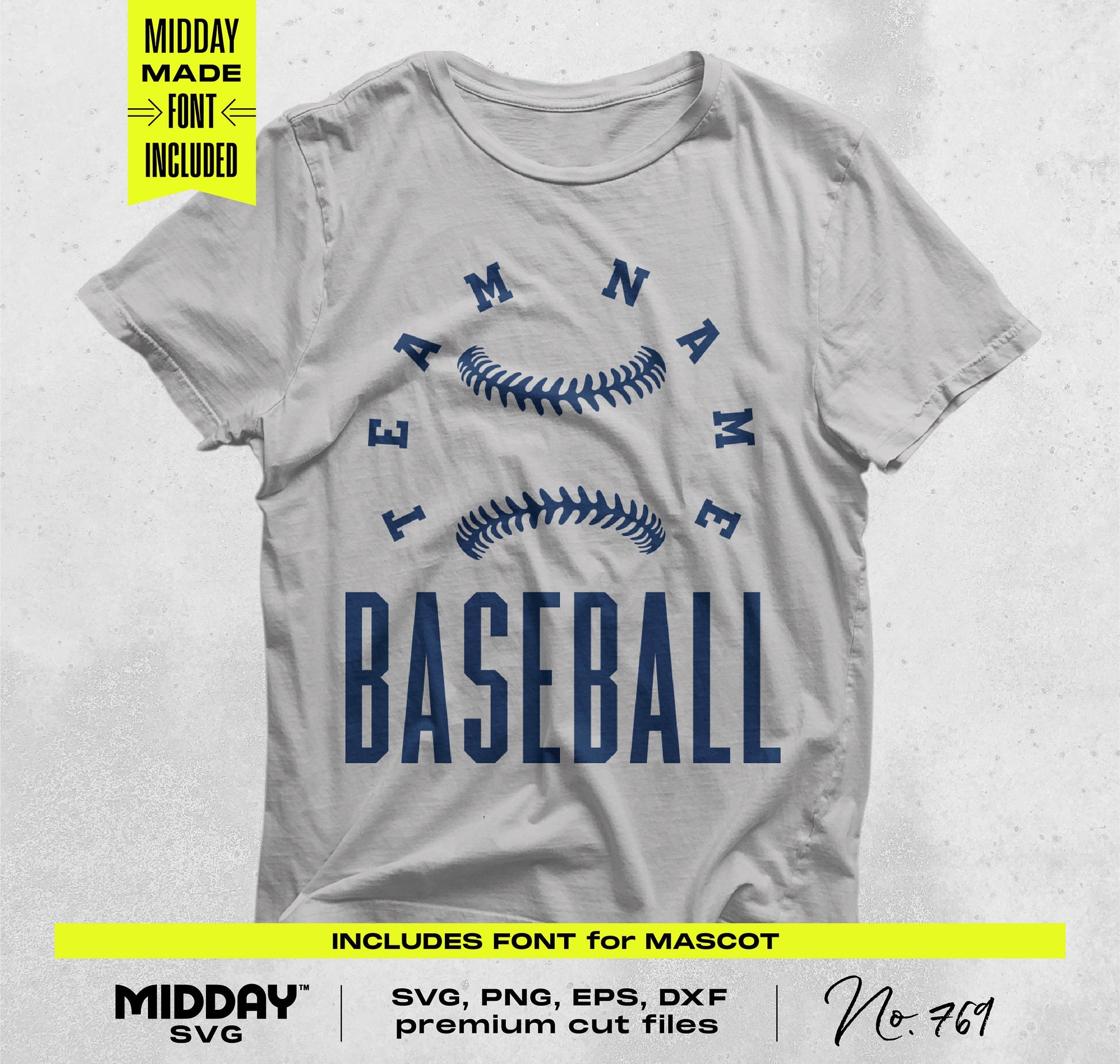 Gray t-shirt with "Baseball" text in blue, featuring bold baseball design from SVG Bundle V10 for custom DIY crafts.