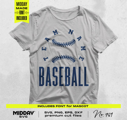 Gray t-shirt with "Baseball" text in blue, featuring bold baseball design from SVG Bundle V10 for custom DIY crafts.