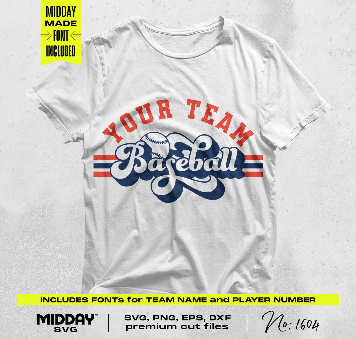 White t-shirt featuring 'Your Team Baseball' design, part of Bold Baseball Template SVG Bundle V10 for DIY crafts and projects.