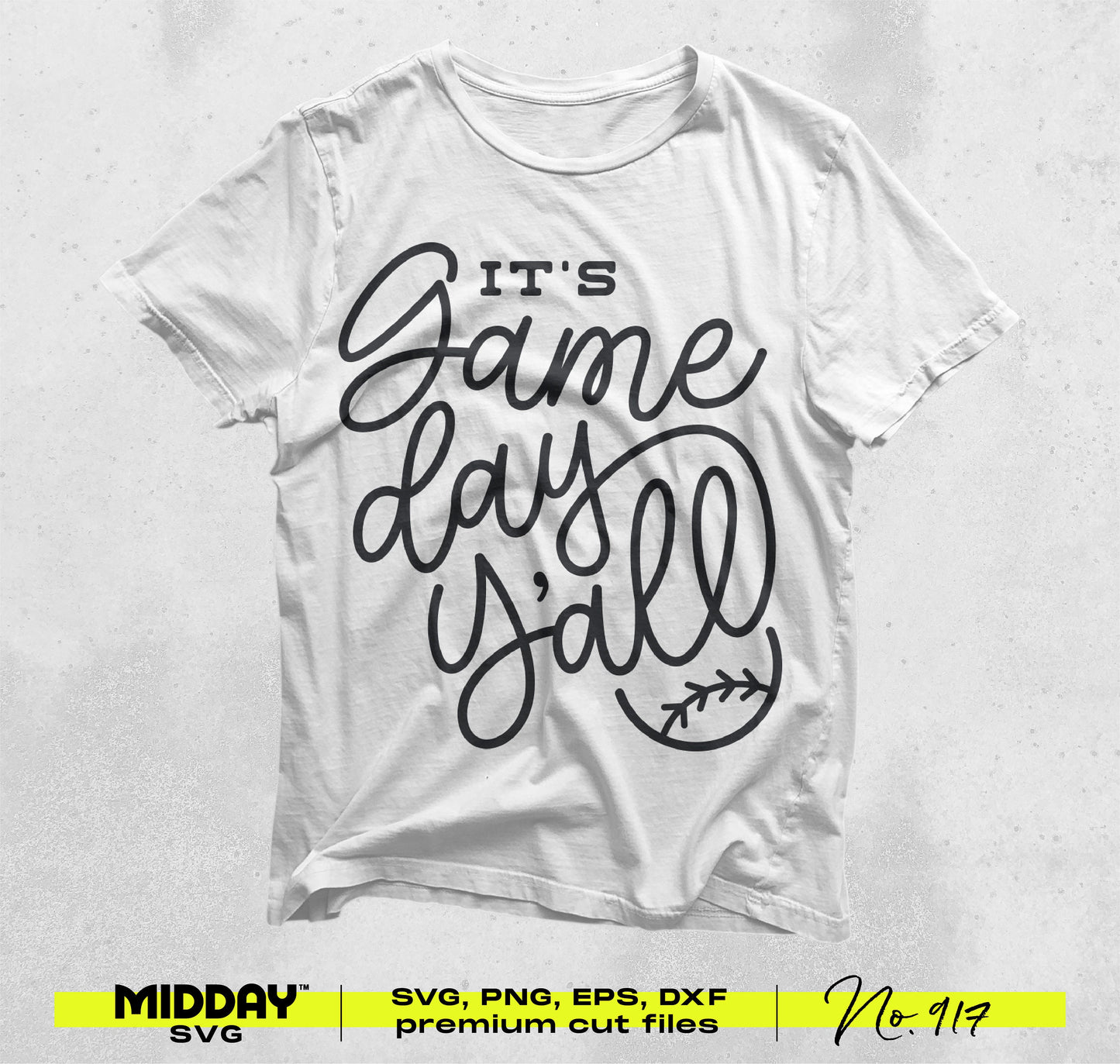 White t-shirt with 'It's Game Day Y'all' baseball design, ideal for DIY crafts and sports-themed apparel, featuring an SVG cut file.