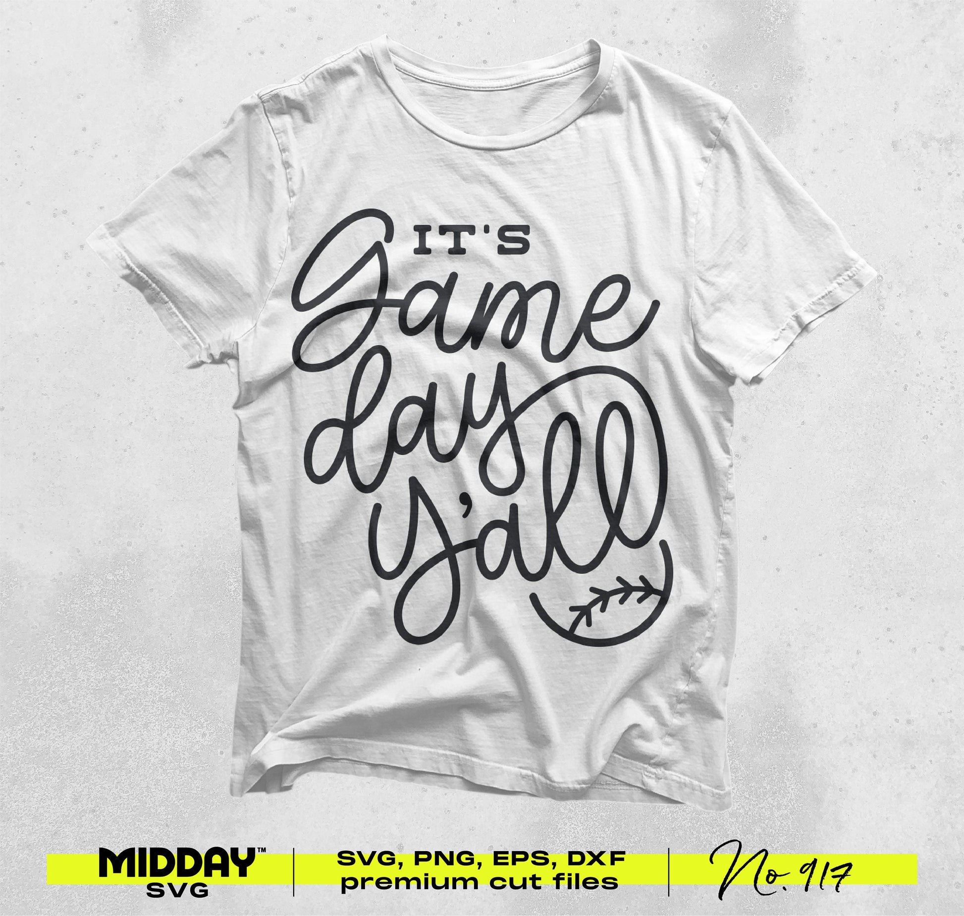 White t-shirt with 'It's Game Day Y'all' baseball design, ideal for DIY crafts and sports-themed apparel, featuring an SVG cut file.