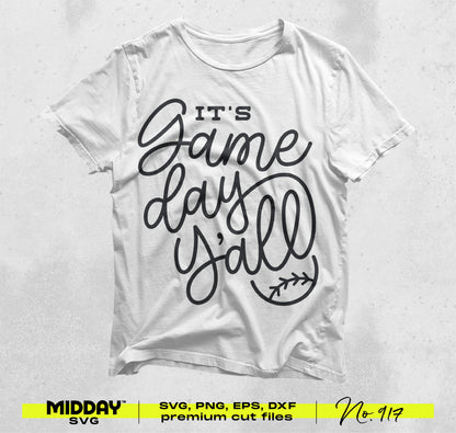 White t-shirt with 'It's Game Day Y'all' baseball design, ideal for DIY crafts and sports-themed apparel, featuring an SVG cut file.