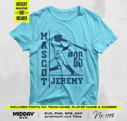 Blue t-shirt with customizable baseball SVG design featuring a player, team name, and number for DIY projects or merchandise.