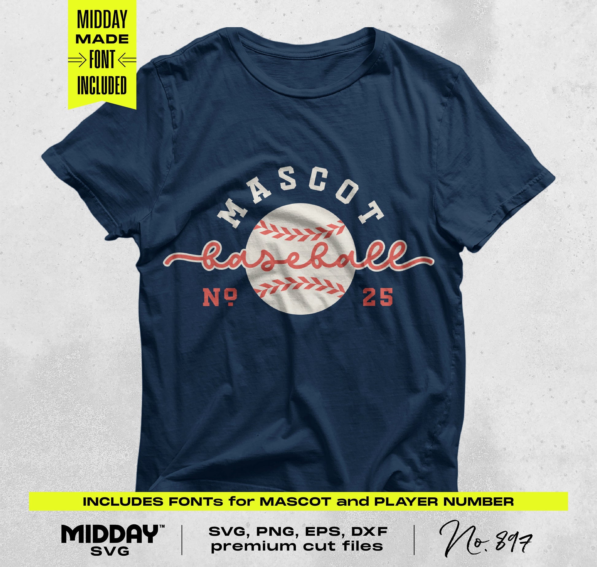 Navy T-shirt featuring 'Mascot Baseball No. 25' design with included font options, part of Baseball SVG PNG Bundle V12.