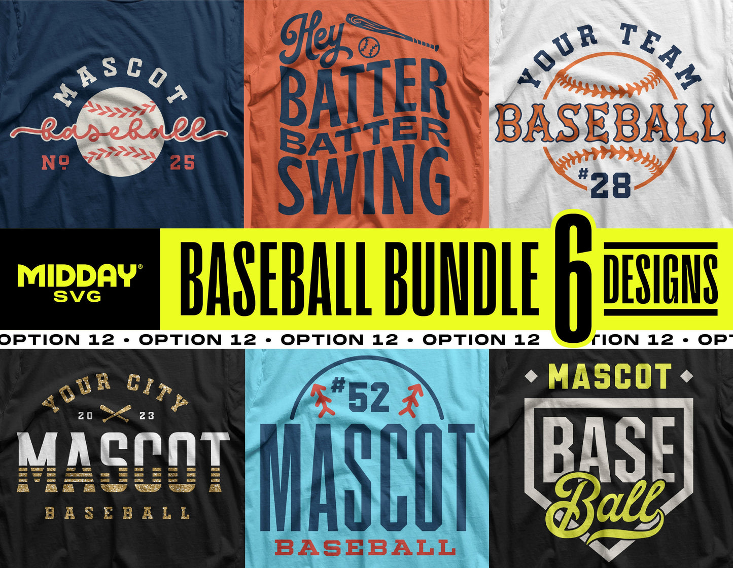 Baseball SVG PNG Bundle V12 featuring 6 customizable team logo designs for DIY projects or merchandise creation.
