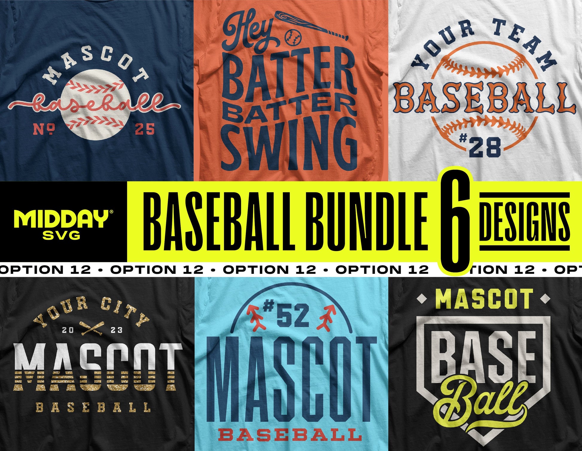 Baseball SVG PNG Bundle V12 featuring 6 customizable team logo designs for DIY projects or merchandise creation.