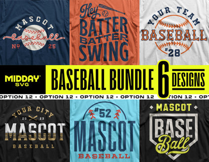 Baseball SVG PNG Bundle V12 featuring 6 customizable team logo designs for DIY projects or merchandise creation.