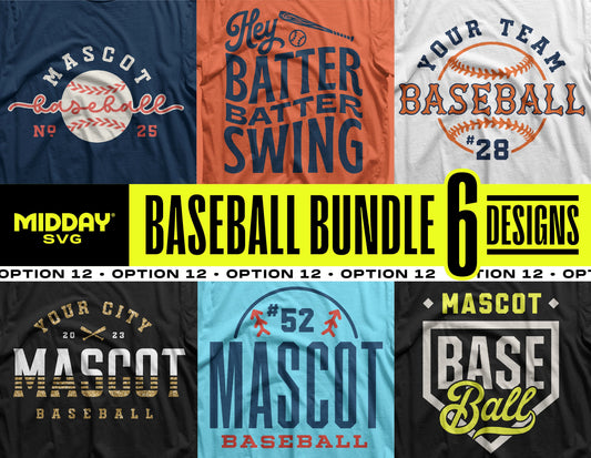 Baseball SVG PNG Bundle V12 featuring 6 customizable team logo designs for DIY projects or merchandise creation.