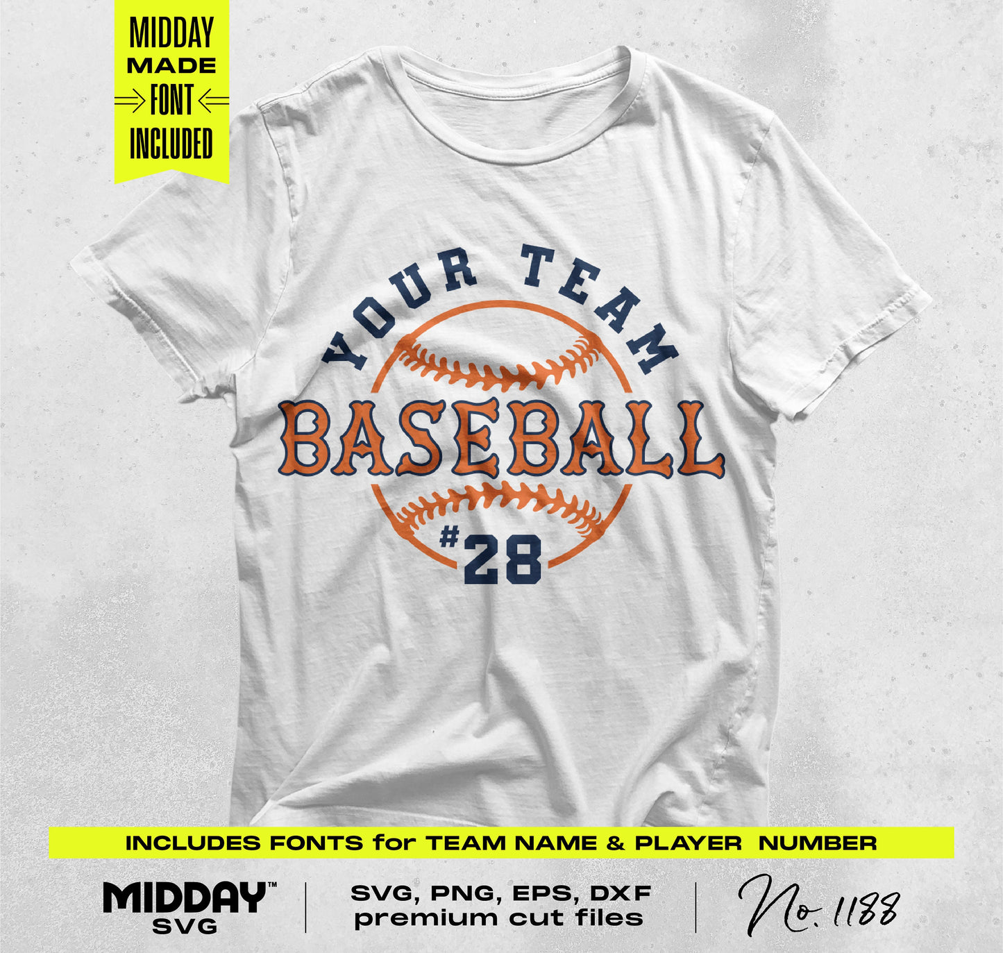 Customizable baseball SVG template on a white T-shirt, featuring team name and player number. Digital download bundle included.