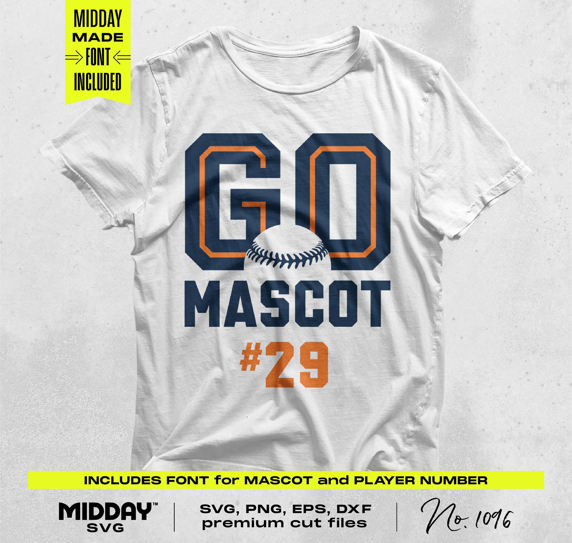 White t-shirt with navy and orange 'Go Mascot #29' baseball design, includes premium SVG, PNG, EPS, DXF cut files.