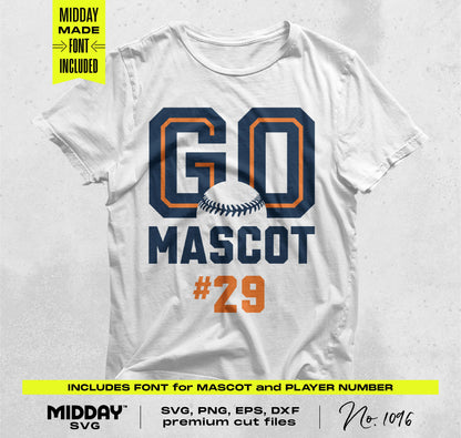 White t-shirt with navy and orange 'Go Mascot #29' baseball design, includes premium SVG, PNG, EPS, DXF cut files.