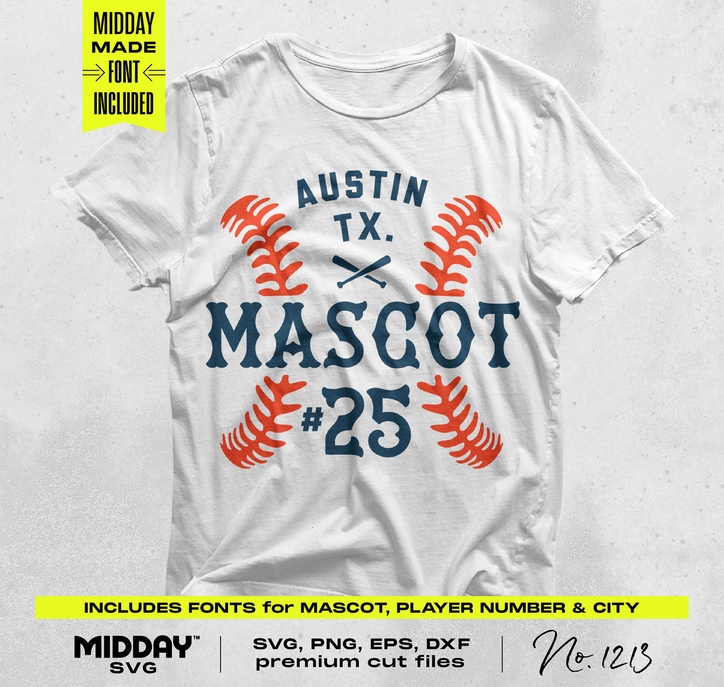 Baseball t-shirt design with customizable mascot and player number in SVG, PNG formats for Austin, TX fans.