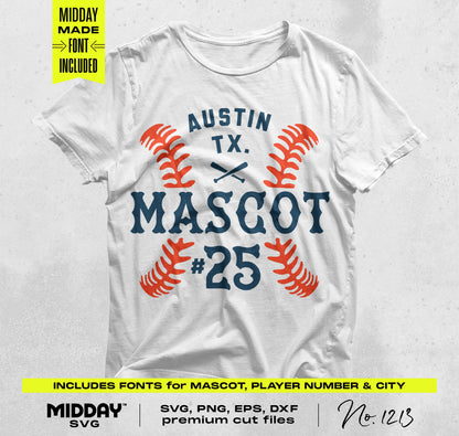 Baseball t-shirt design with customizable mascot and player number in SVG, PNG formats for Austin, TX fans.