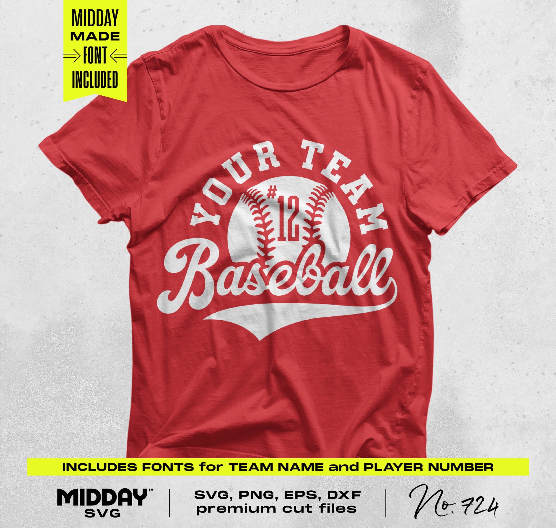 Red t-shirt mockup with customizable baseball design, includes fonts for team name and player number, ideal for DIY sports gear