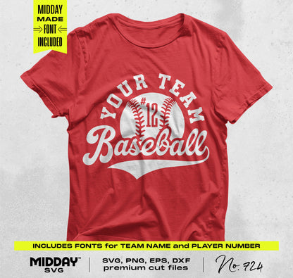 Red t-shirt mockup with customizable baseball design, includes fonts for team name and player number, ideal for DIY sports gear