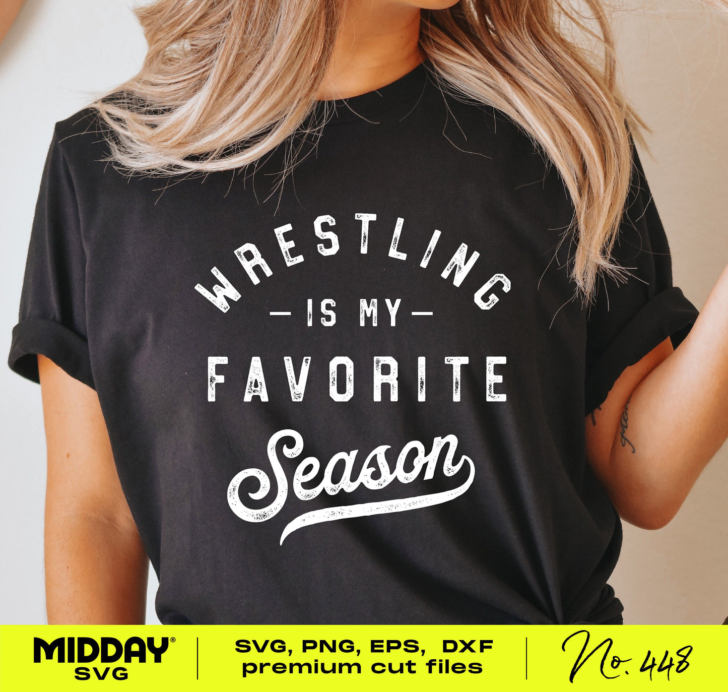 Black t-shirt with the text 'Wrestling is My Favorite Season' in bold white letters. Perfect for wrestling fans and casual wear.