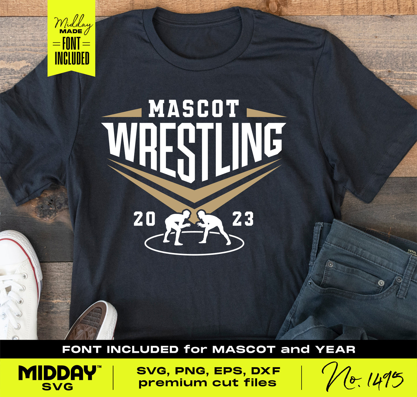 Wrestling t-shirt design featuring 'Mascot Wrestling 2023' with customizable font for Cricut and Silhouette projects.