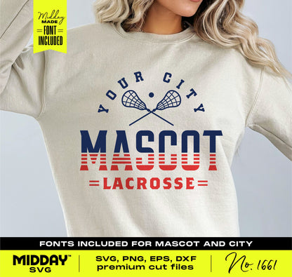 Customizable lacrosse SVG PNG design on a sweatshirt with city and mascot text, perfect for team spirit and personalization.