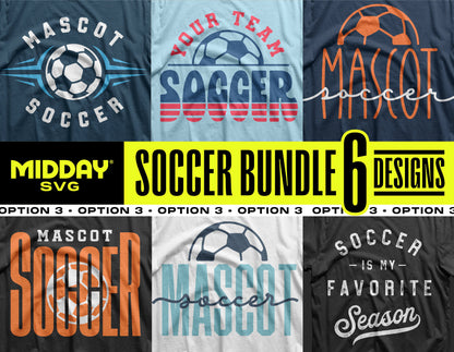 Soccer SVG PNG Bundle V3 with 6 designs for DIY projects, team logos, and merchandise, perfect for fans and coaches.