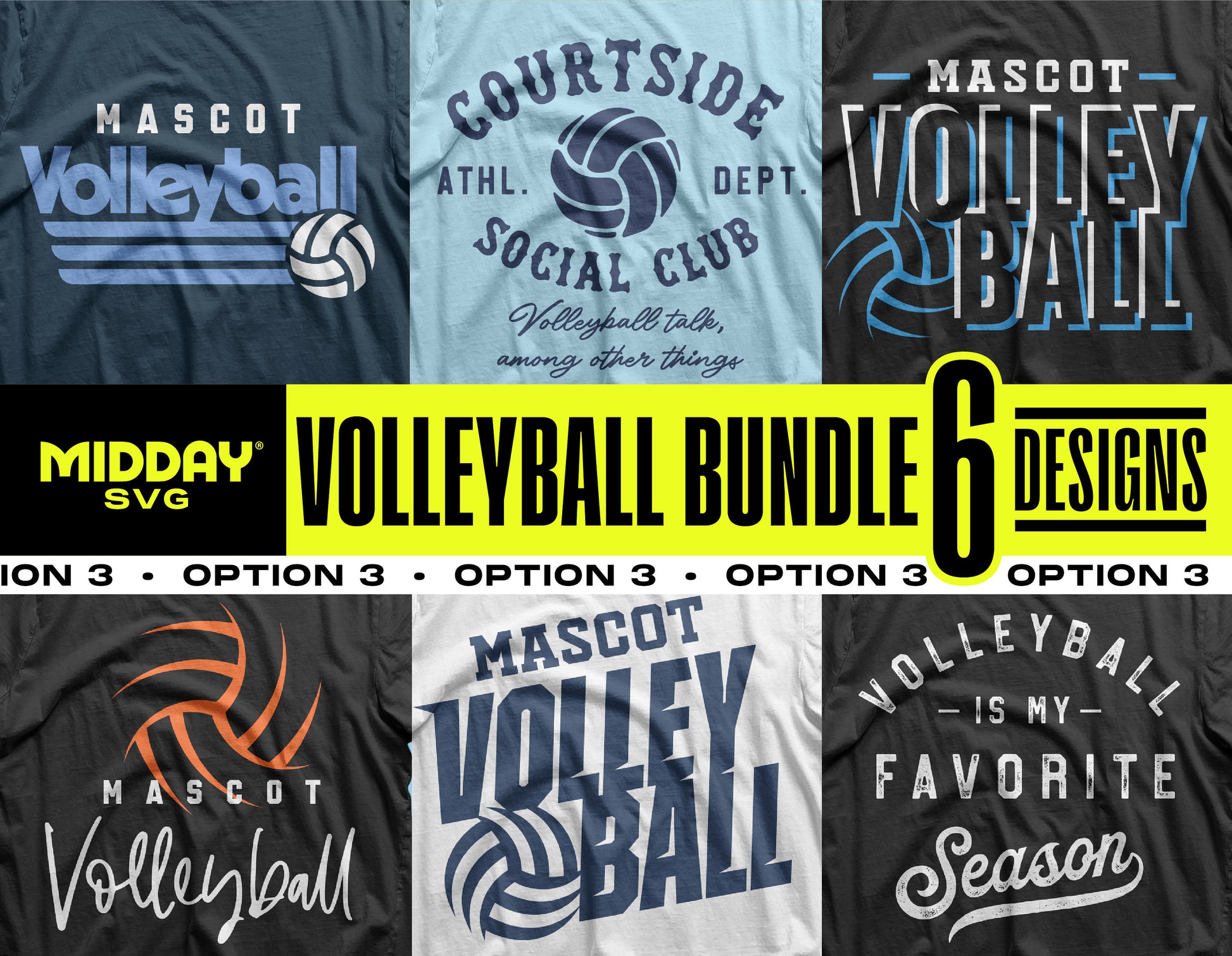 Volleyball SVG Bundle with 6 shirt designs, featuring athletic and team themes, perfect for Cricut and Silhouette projects.