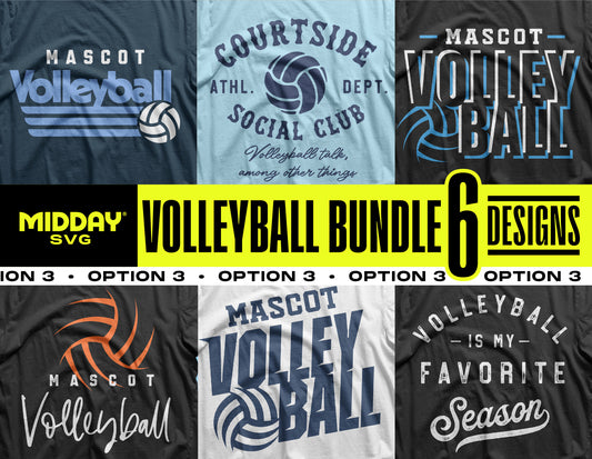 Volleyball SVG Bundle with 6 shirt designs, featuring athletic and team themes, perfect for Cricut and Silhouette projects.