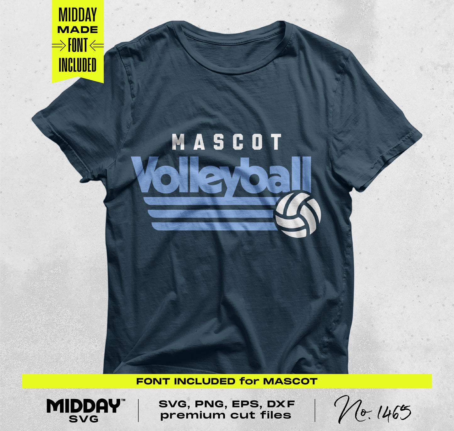 Volleyball team shirt design featuring 'Mascot Volleyball' text with ball graphic. Includes SVG, PNG, EPS, DXF cut files and font download.