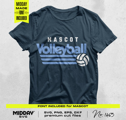 Volleyball team shirt design featuring 'Mascot Volleyball' text with ball graphic. Includes SVG, PNG, EPS, DXF cut files and font download.