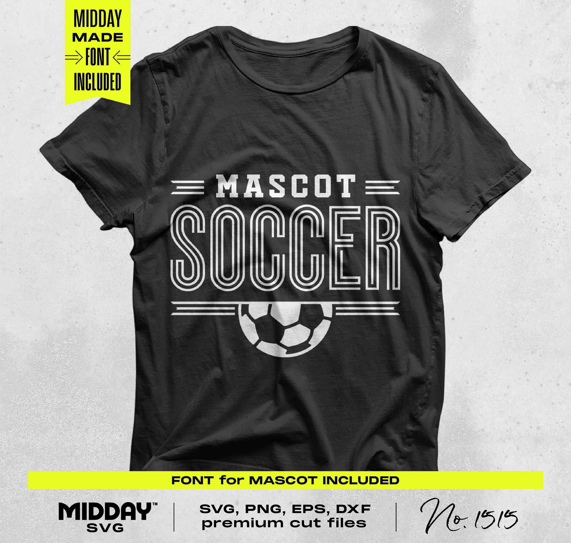 Black "Mascot Soccer" t-shirt featuring SVG, PNG, EPS, DXF files for creating custom team designs; font included.