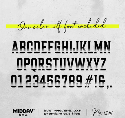 Bold font design showcasing alphabet, numbers, and symbols, available in SVG, PNG, EPS, and DXF formats.