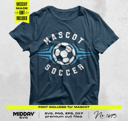 Navy blue t-shirt with soccer logo design and text 'Mascot Soccer', DIY digital download template for soccer enthusiasts.