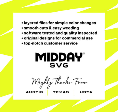 Midday SVG promotional image highlighting features like simple color changes, easy weeding, and top-notch customer service.
