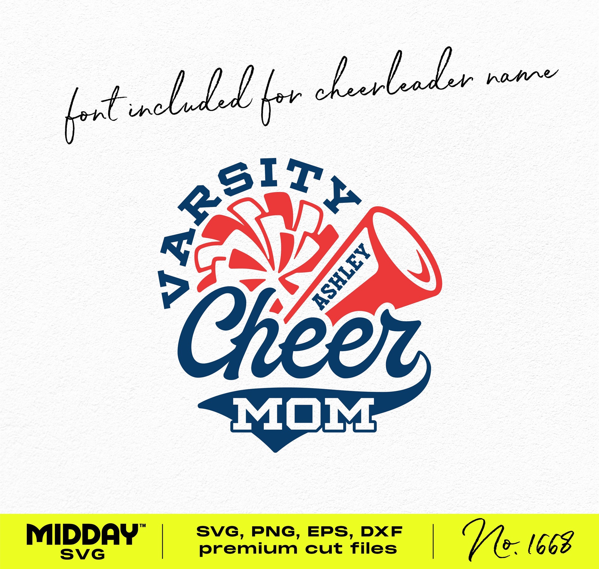 Varsity Cheer Mom SVG design with megaphone and pom-pom, customizable cheerleader name, perfect for crafting with Cricut and Silhouette.