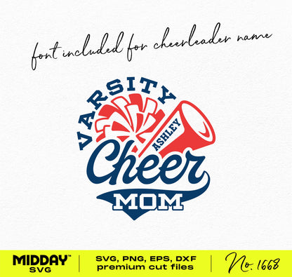 Varsity Cheer Mom SVG design with megaphone and pom-pom, customizable cheerleader name, perfect for crafting with Cricut and Silhouette.