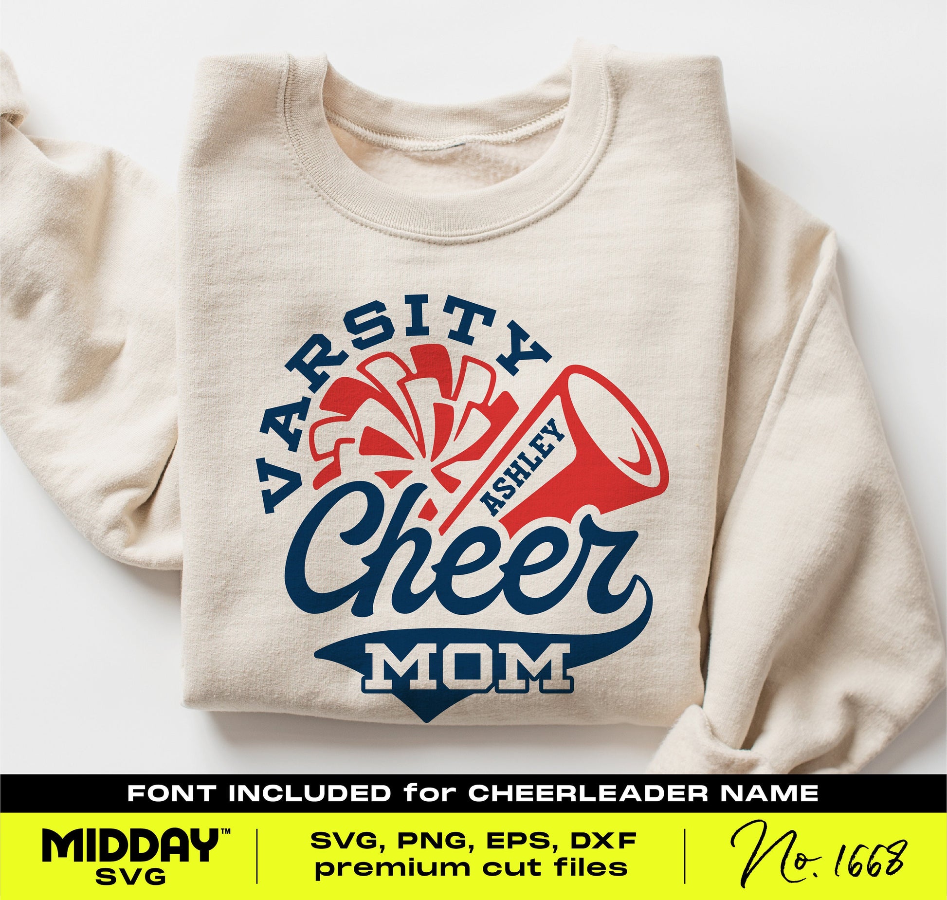 Varsity Cheer Mom sweatshirt with customizable SVG/PNG design, featuring cheer megaphone and pom-pom, ideal for Cricut and Silhouette projects.