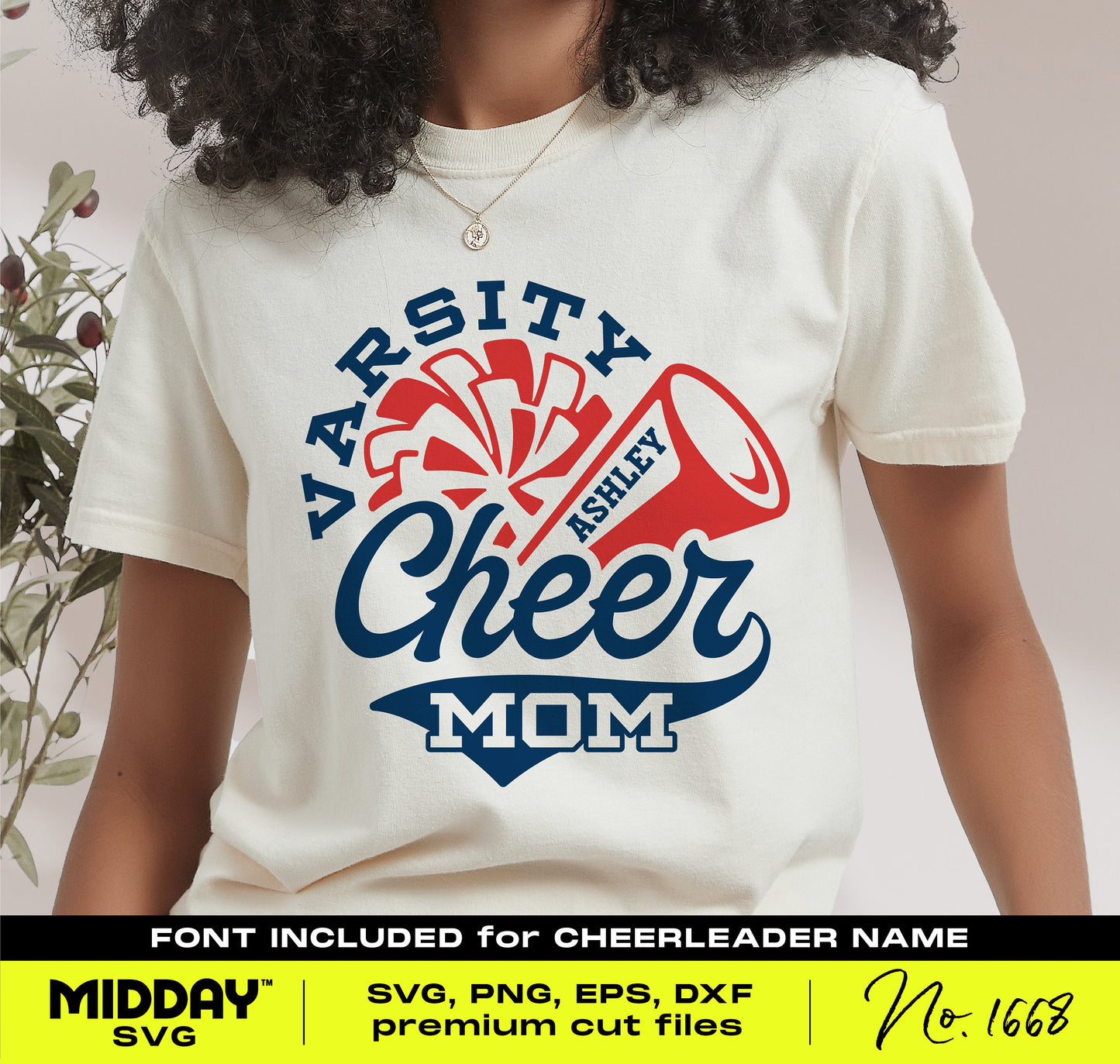 Woman wearing t-shirt with varsity cheer mom design featuring cheerleader megaphone, suitable for Cricut and Silhouette crafting.