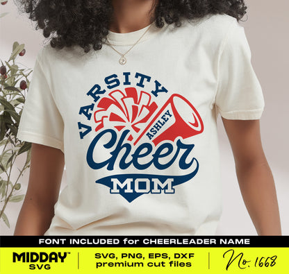 Woman wearing t-shirt with varsity cheer mom design featuring cheerleader megaphone, suitable for Cricut and Silhouette crafting.