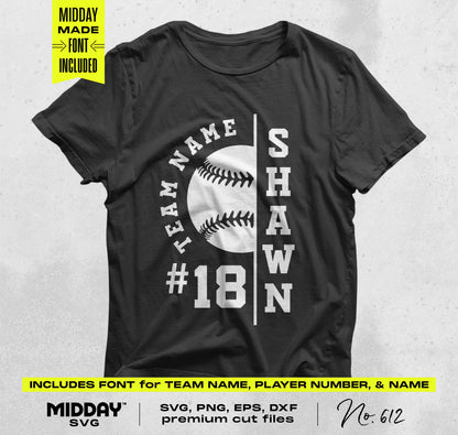 Black t-shirt with customizable baseball team design, including team name, player number, and name. SVG, PNG, EPS, DXF files included.