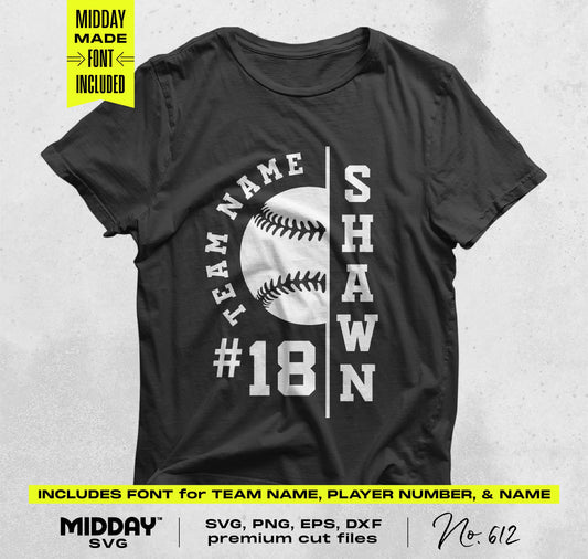 Black t-shirt with customizable baseball team design, including team name, player number, and name. SVG, PNG, EPS, DXF files included.