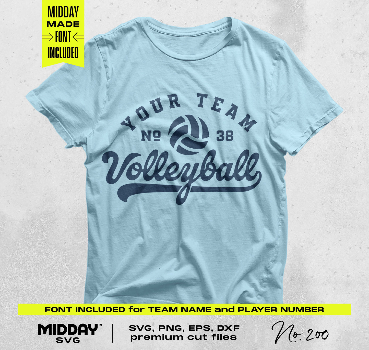 Light blue volleyball team shirt with customizable text options, includes SVG, PNG, EPS, and DXF files for Cricut and Silhouette.