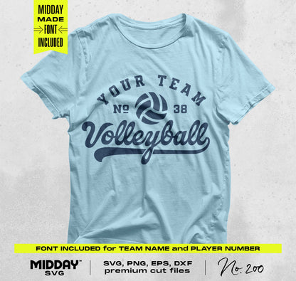 Light blue volleyball team shirt with customizable text options, includes SVG, PNG, EPS, and DXF files for Cricut and Silhouette.