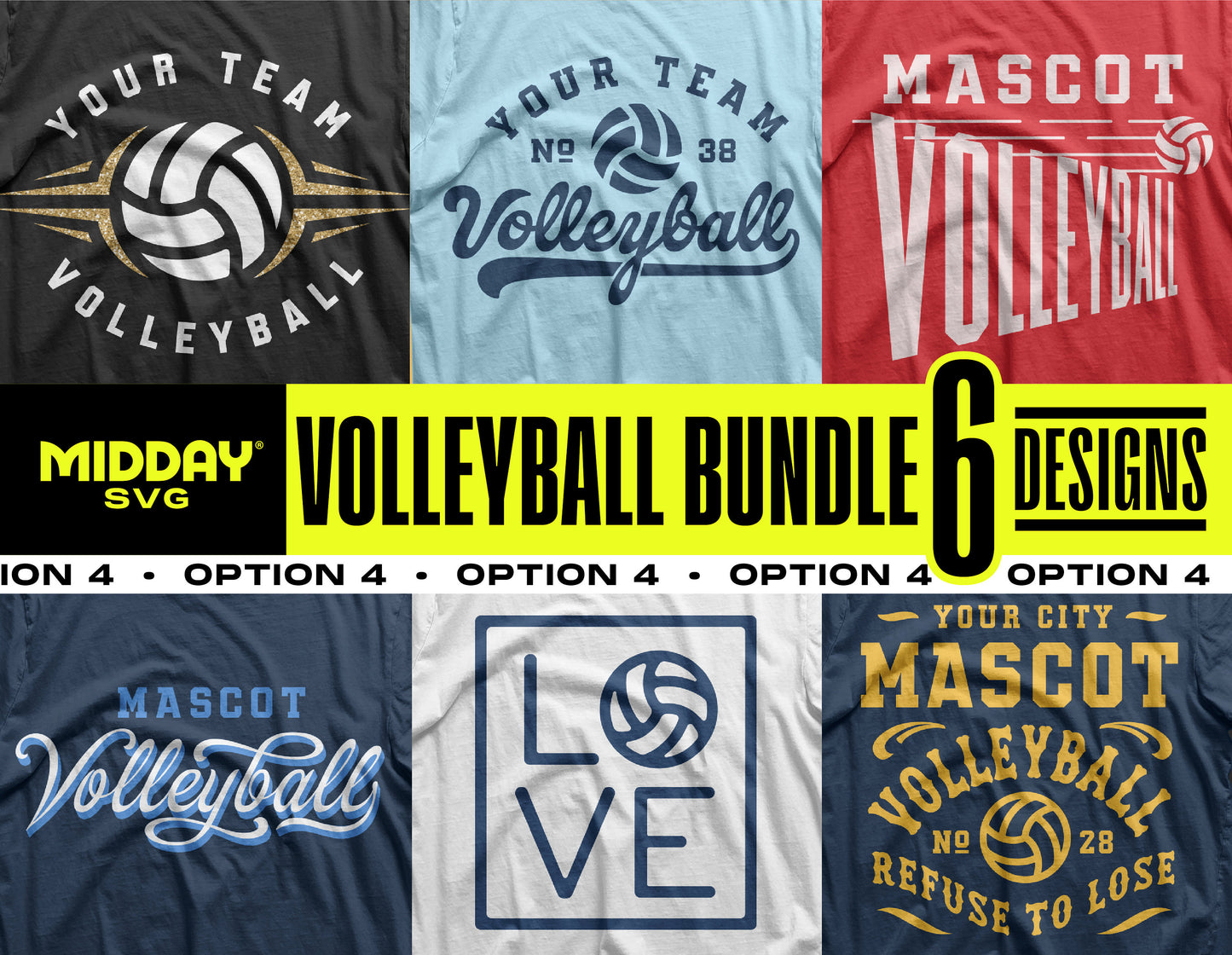 Volleyball SVG Bundle featuring 6 team shirt designs, perfect for Cricut and Silhouette projects with customizable fonts.