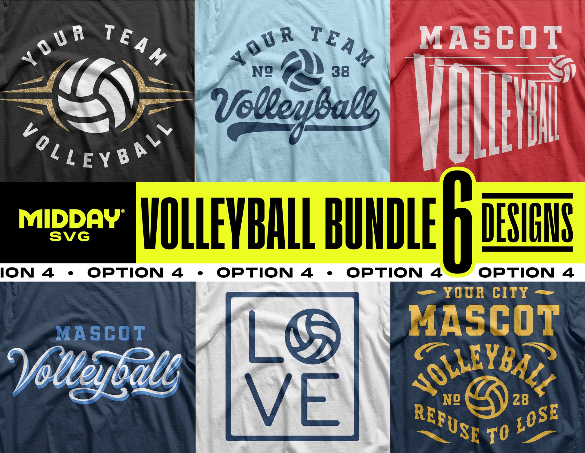 Volleyball SVG Bundle featuring 6 team shirt designs, perfect for Cricut and Silhouette projects with customizable fonts.