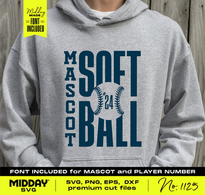 Person wearing hoodie with 'Mascot Softball' design from Ultimate Softball SVG PNG Bundle, includes font and number #24, by Midday SVG.