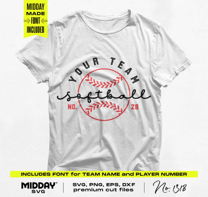 Softball SVG PNG bundle t-shirt design with customizable team name and number for crafting.