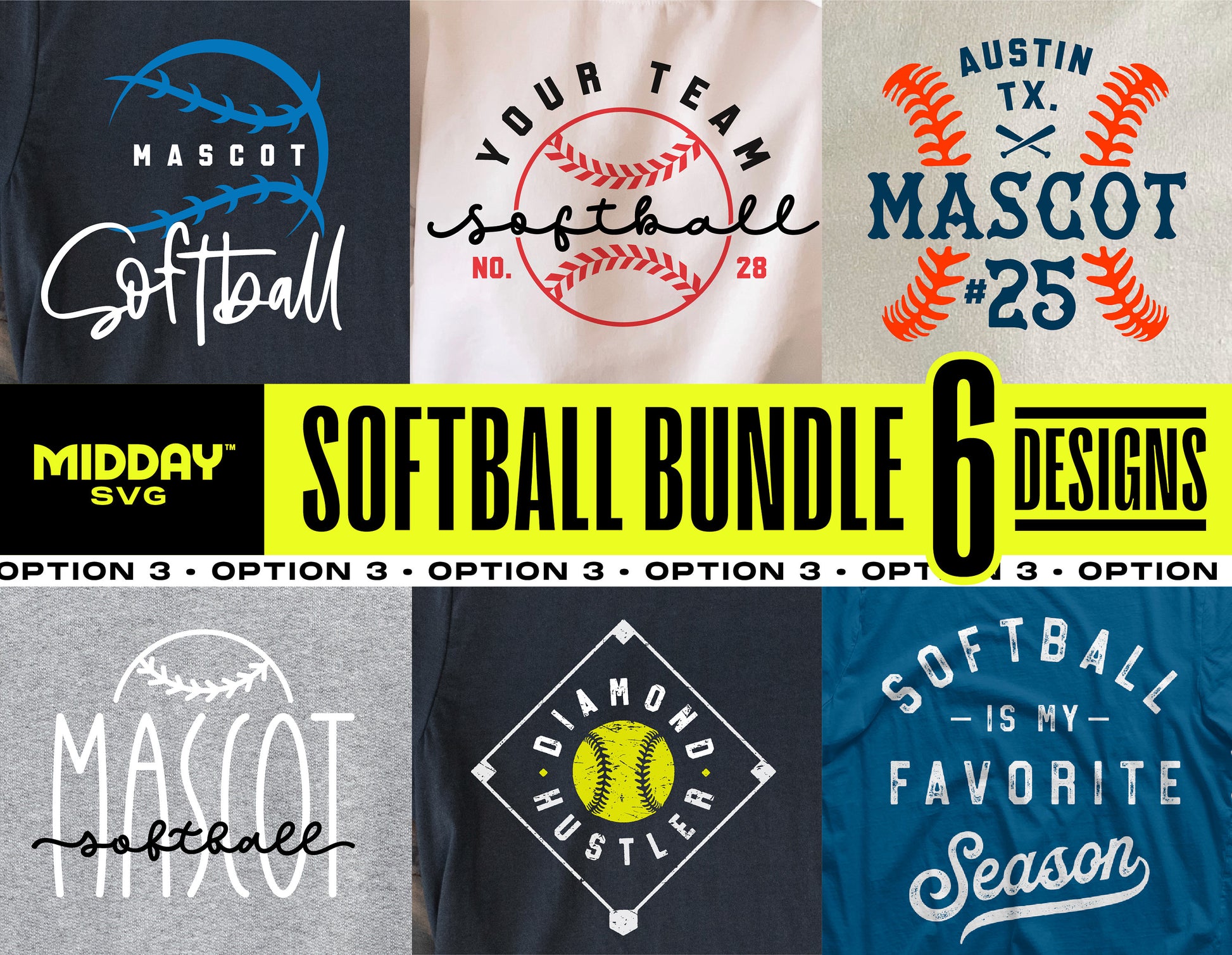 Ultimate Softball SVG PNG Bundle Vol. 3 featuring 6 creative softball designs for crafting personalized apparel and accessories.