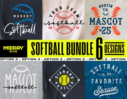 Ultimate Softball SVG PNG Bundle Vol. 3 featuring 6 creative softball designs for crafting personalized apparel and accessories.