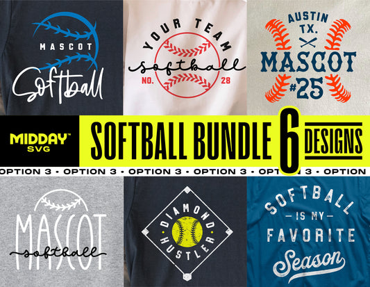 Ultimate Softball SVG PNG Bundle Vol. 3 featuring 6 creative softball designs for crafting personalized apparel and accessories.