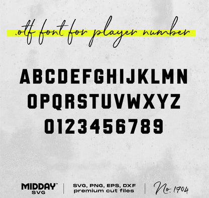 Bold sports-themed font alphabet and numbers displayed for crafting projects.