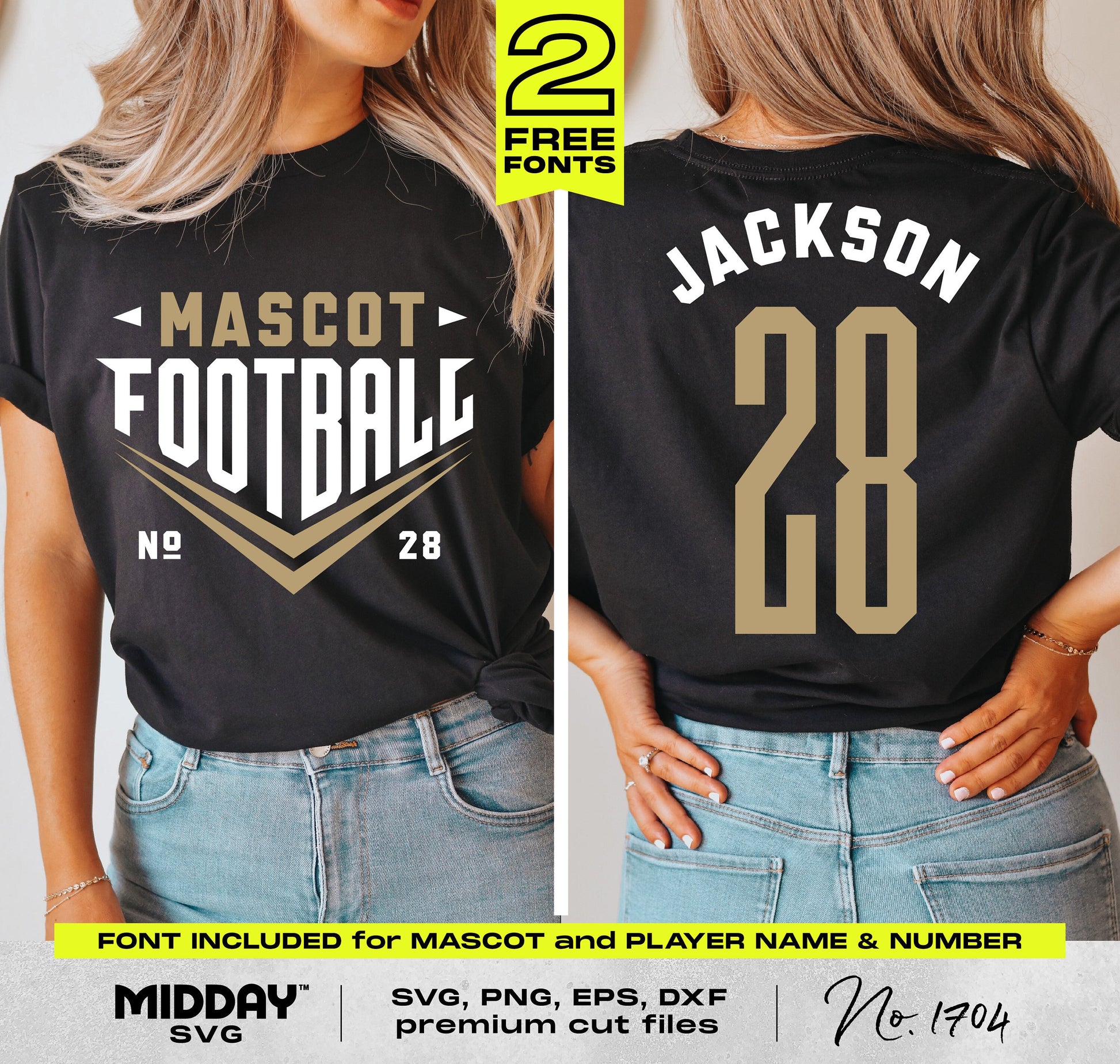 Black t-shirt with custom SVG design featuring "Mascot Football" on front and "Jackson 28" on back, showcasing sporty font style.